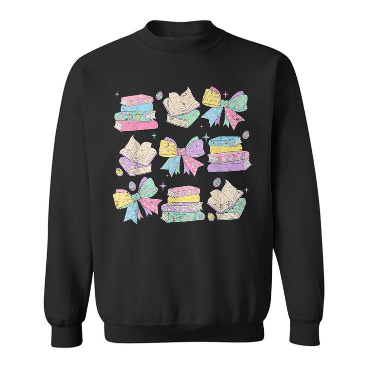Coquette Bunny Bow Rabbit Teacher Books Easter Retro Sweatshirt