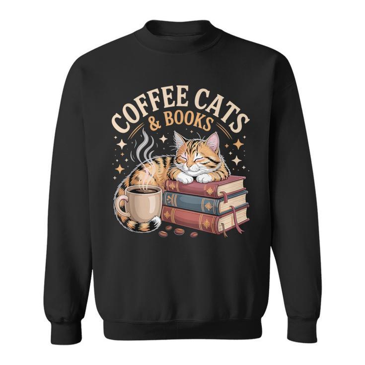 Cozy Reading Cat Coffee And Books Lover Artwork Sweatshirt