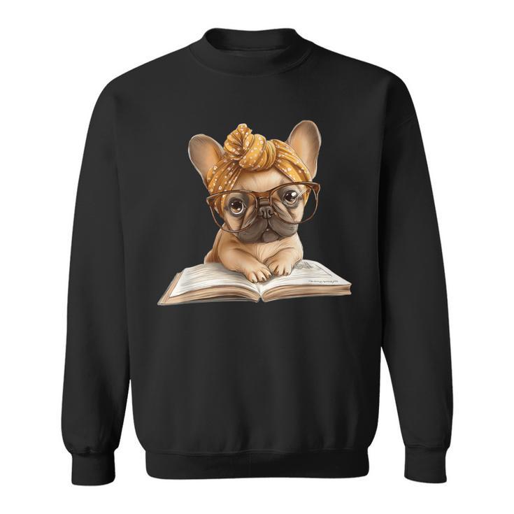 Cute Bulldog Reading Dog Book Lover Animal Graphic French Sweatshirt