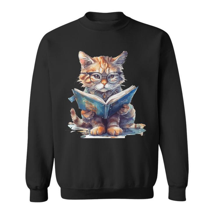 Cute Cat Wearing Glasses Reading a Book Sweatshirt