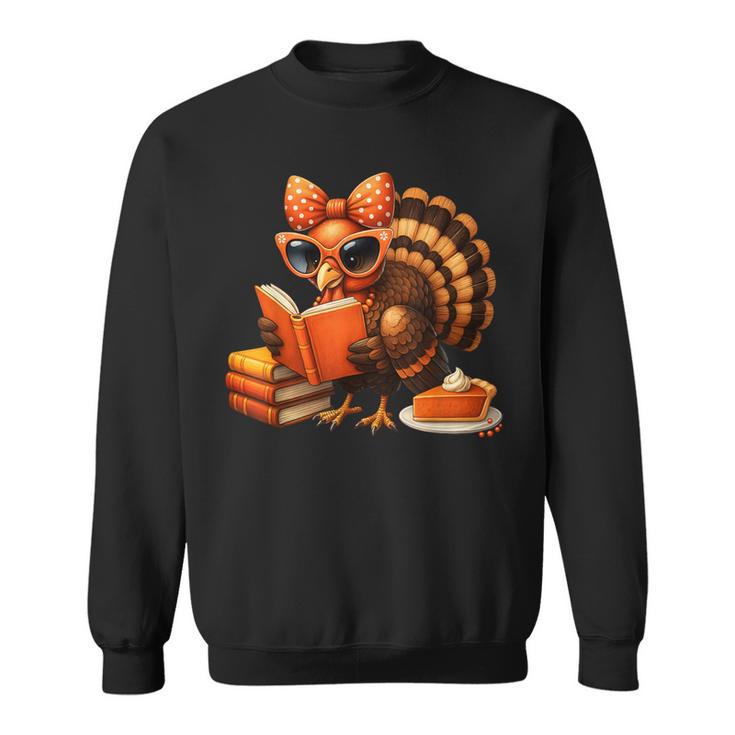 Cute Turkey Reading Book Lovers Bow Thanksgiving Sweatshirt