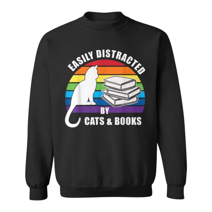 Easily Distracted By Cats And Books – Retro Sunset Rainbow Sweatshirt