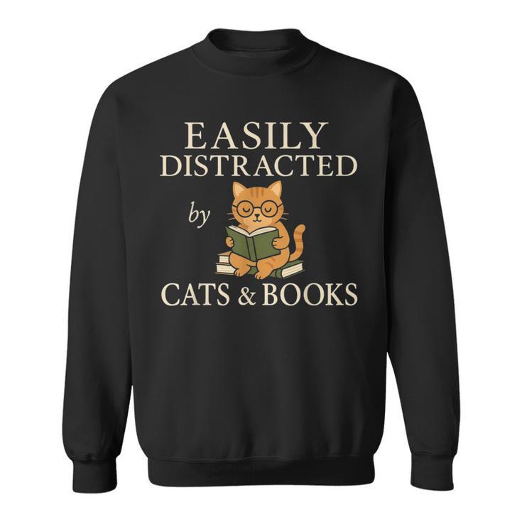 Easily Distracted By Cats And Books Cute Cat Reading Reader Sweatshirt
