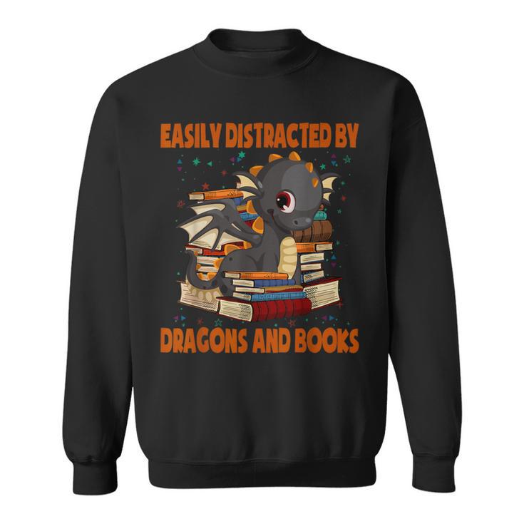Easily Distracted By Dragon And Books Cute Dragon Read Book Sweatshirt