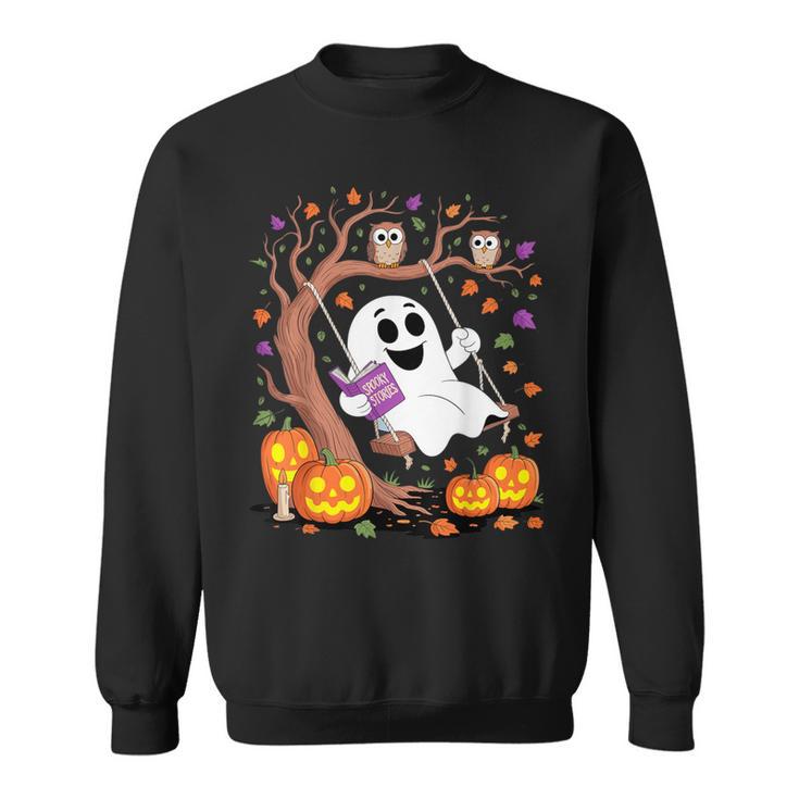 Ghost Reading Book On Swing Halloween Autumn Art Sweatshirt