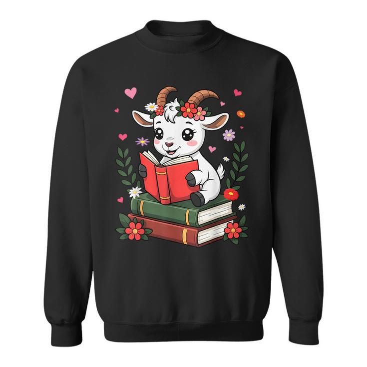 Goat Reading Book Graphic With Floral Sweatshirt