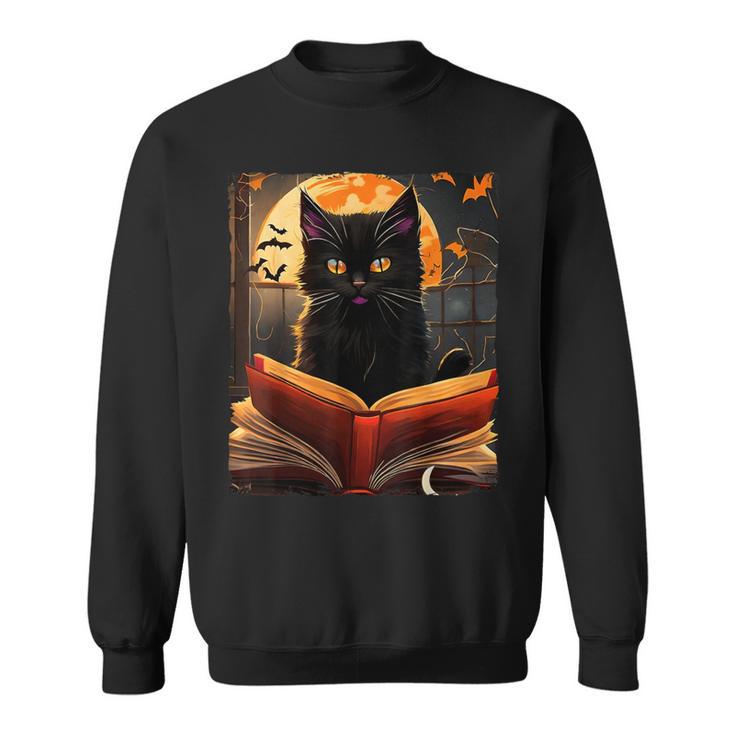 Halloween Cat Reading Books Spooky Cat Reader Teachers For Men Women Kids Sweatshirt