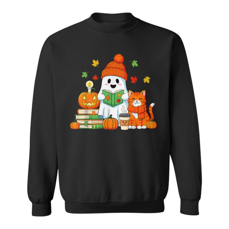 Halloween Ghost Cat Reading Book Women Girls Cute Sweatshirt