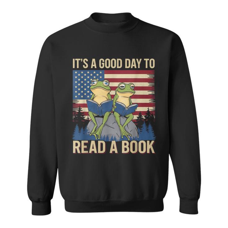 It's A Good Day To Read A Book Frog Vintage USA FLag Sweatshirt