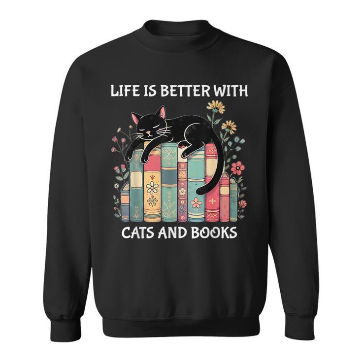 Life Is Better With Cats And Books Cute Cat Lover Sweatshirt