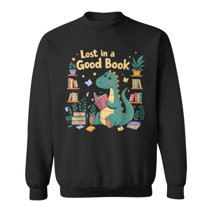 Lost In a Good Book Cute Reading Dinosaur Illustration Sweatshirt