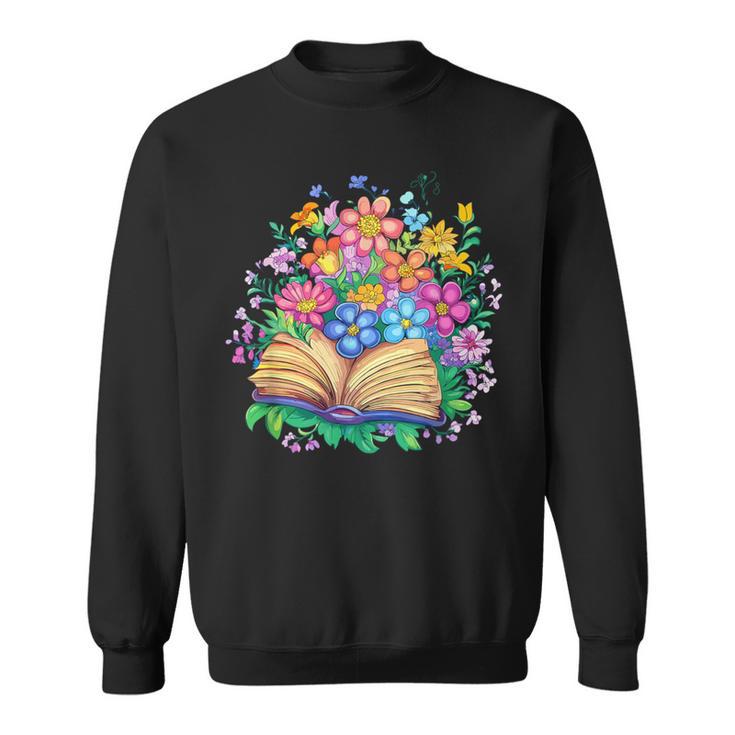 Open Book Surrounded By Colorful Spring Flowers Bloom Sweatshirt