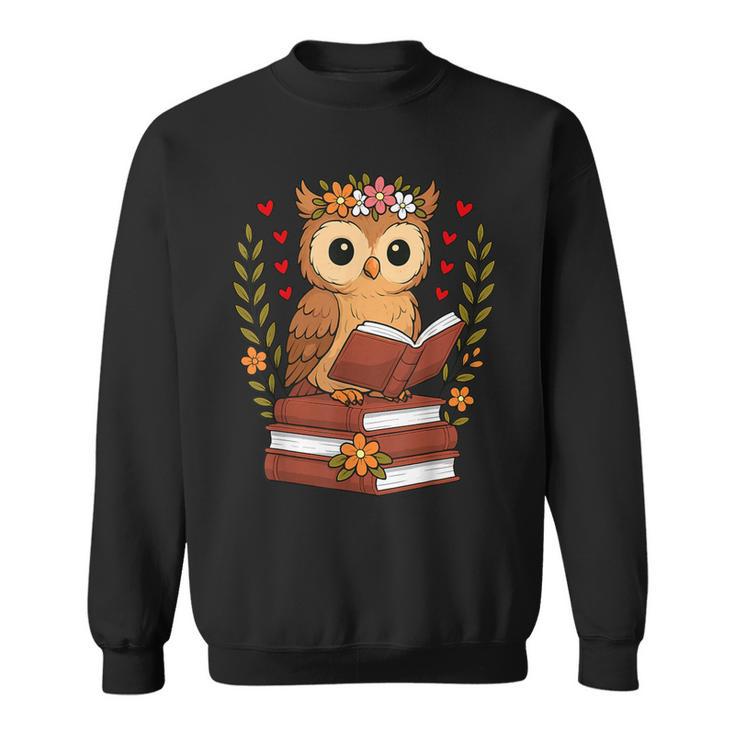 Owl Reading Book Graphic Owl With Book Floral Sweatshirt