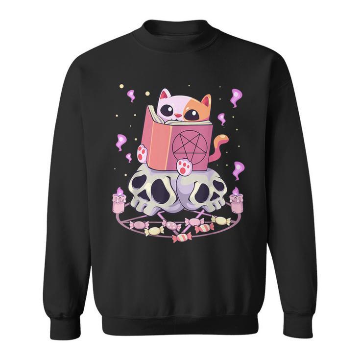 Pastel Goth Kawaii Occult Cute Cat Reading Pentacle Book For Men Women Sweatshirt