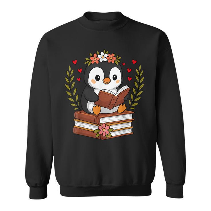 Penguin Reading Book Graphic Penguin With Book Floral Sweatshirt