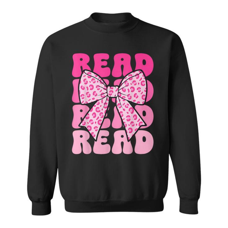 Pink Leopard Read Coquette Bow Girls Retro Groovy Reading Sweatshirt