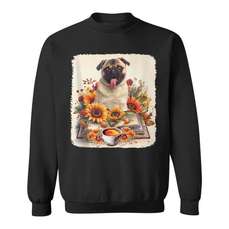 Pug Reading Books Sunflowers With Coffee Lover Owner Sweatshirt