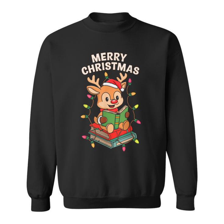 Reindeer Merry Christmas Books Matching Men Women Kids Sweatshirt
