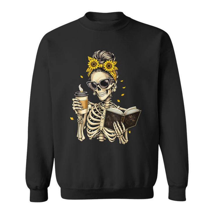 Skeleton Girl Drinking Coffee Bow Sunflower Book Lover Sweatshirt