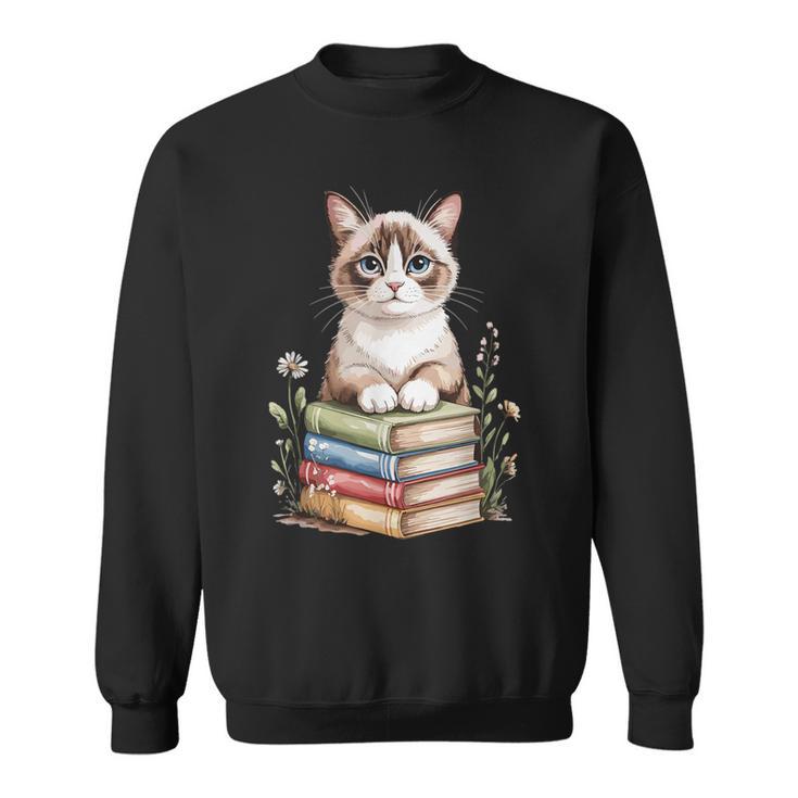 Snowshoe Cat Bookworm Flowers Book Reading Books Sweatshirt