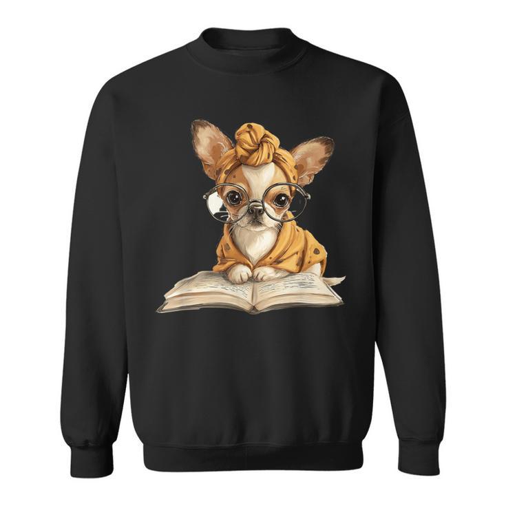Tiny Puppy Open Book Reading Dog Lover Graphic Round Glasses Sweatshirt