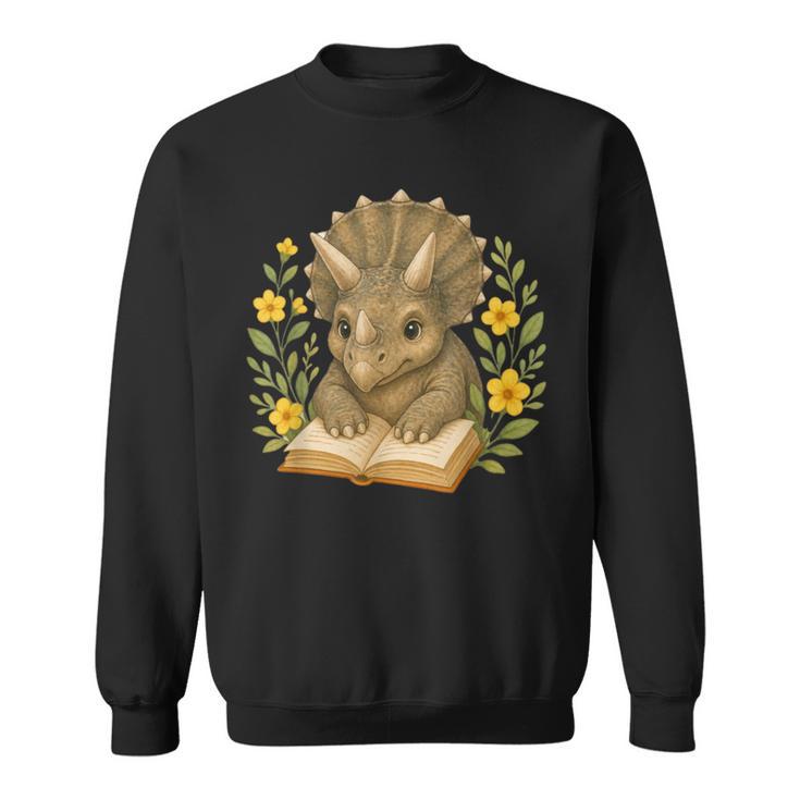 Triceratops Dinosaur Reading Book Flowers Floral Sweatshirt