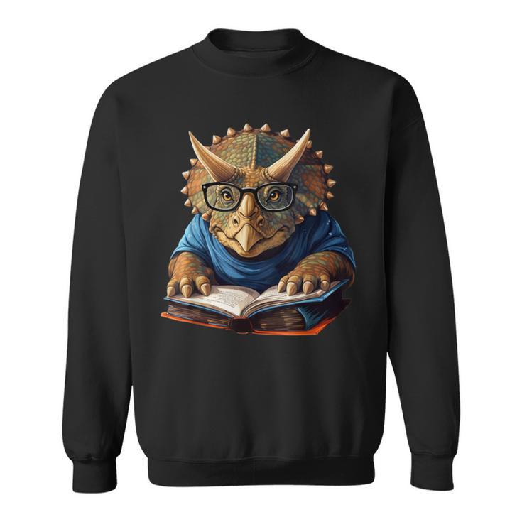Triceratops Dinosaur Reading Book Nerd Sweatshirt
