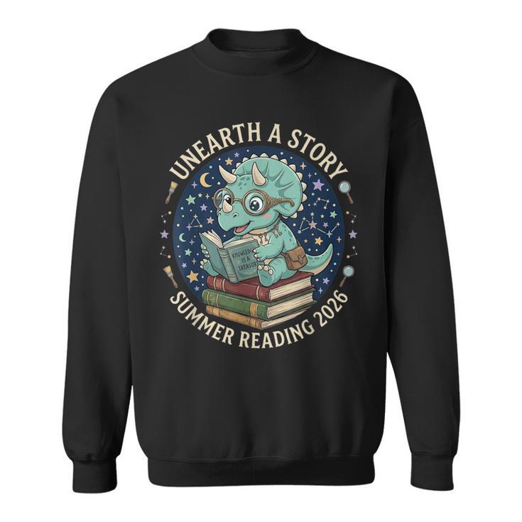 Unearth A Story Summer Reading 2026 Cute Dinosaur Reading Sweatshirt