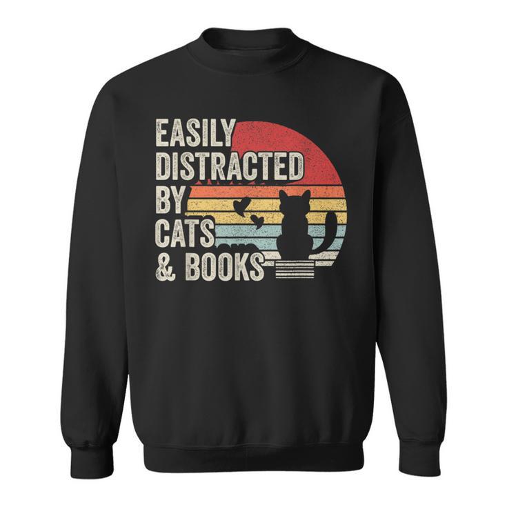 Vintage Retro Easily Distracted By Cats And Books Sweatshirt