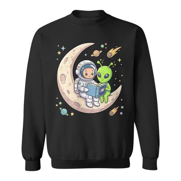 Women's Astronaut Reading Book With Alien Moon Space Astronomy Sweatshirt
