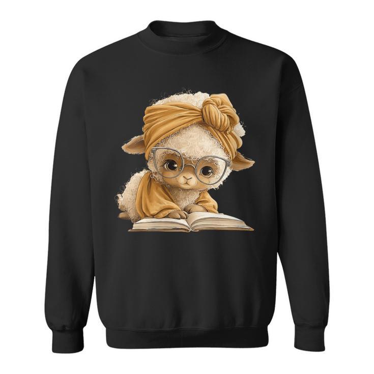Women's Cute Lamb Reading Book Lover Animal Graphic Baby Sheep Open Sweatshirt