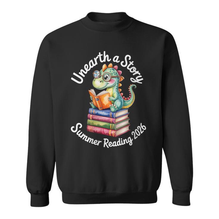 Women's Unearth a Story Summer Reading 2026 Book Lover Dino Fun Sweatshirt