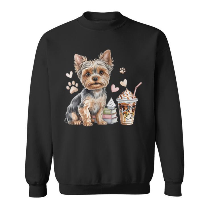 Women's Yorkie Dog Moms Iced Coffee And Books Yorkshire Terrier Sweatshirt