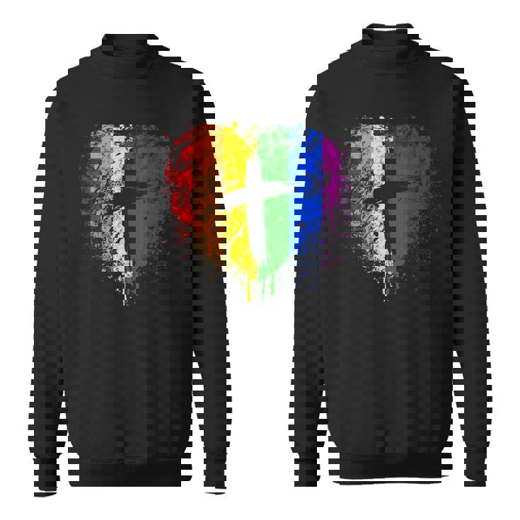 クロスのあるレインボー ハート、キリスト教の宗教的なゲイ プライド スウェットシャツ