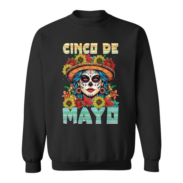 シンコ デ マヨ スケルトン ラ カトリーナ カラベラ フローラル メキシカン 長袖tシャツ スウェットシャツ