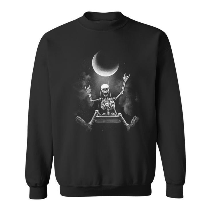 スケルトンロックオンムーン不気味なハロウィンロックバンド 怖い 長袖tシャツ スウェットシャツ