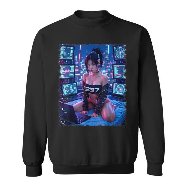 セクシーガールグラフィックtシャツ 1337 サイバーパンク ハッカーガール スウェットシャツ