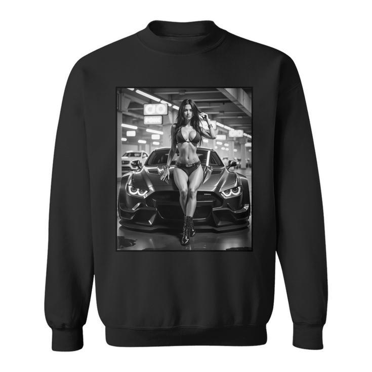 セクシーガールグラフィックtシャツ セクシーピンナップモデル&エキゾチックカーb&W 長袖tシャツ スウェットシャツ