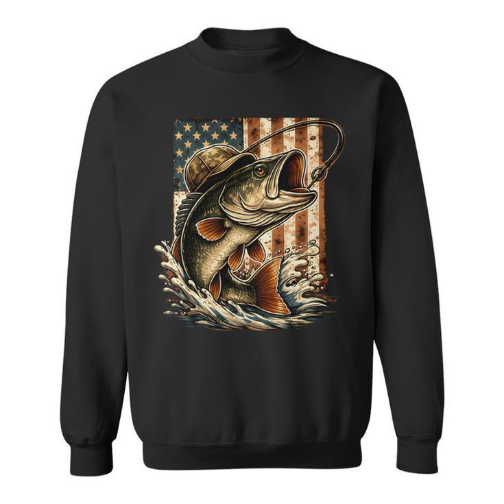 ビンテージバスフィッシング迷彩、アメリカ国旗。 長袖tシャツ スウェットシャツ