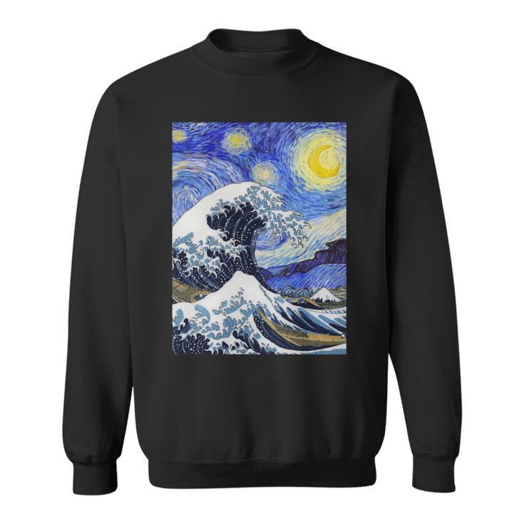 星月夜リメイクとミックスされた神奈川の大波 長袖tシャツ スウェットシャツ