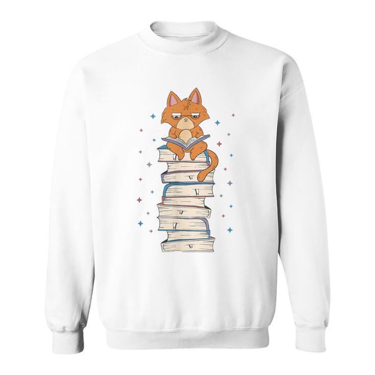 Cat Sits On Books Reading Reading Book Lover Sweatshirt