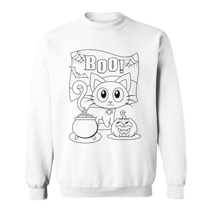 Coloring Book Style Blank Shirt Halloween Boo Kitty Cat Men Women Kids Sweatshirt