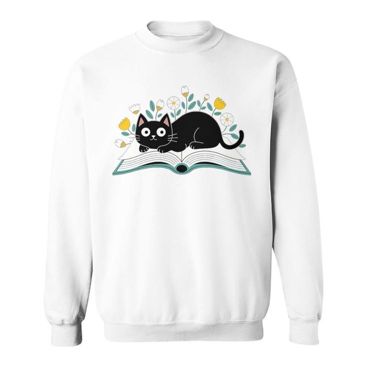 Cute Cat On Book Fun Flower Feline Pet Lover Premium Tri-Blend Sweatshirt
