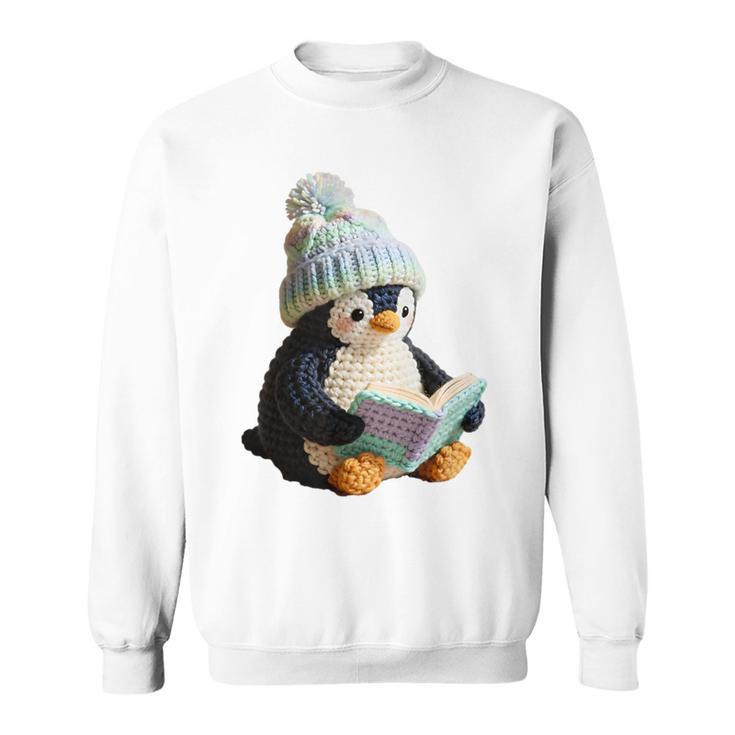 Cute Penguin Reading Book Faux-Crochet Print Sweatshirt
