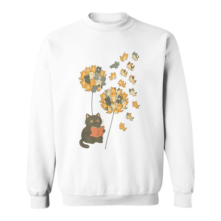 Cute Reading Cat With Kitten Dandelion Flowers Book Lover Sweatshirt