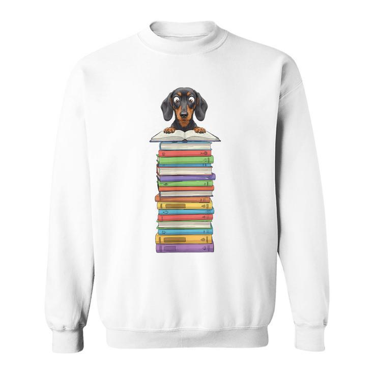 Cute Wiener Dog Dachshund Reading On Pile Of Books Sweatshirt