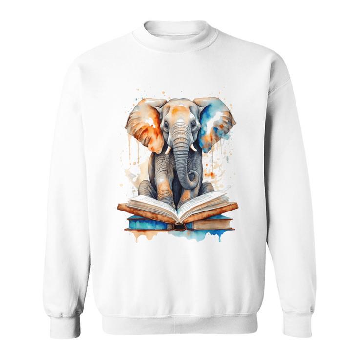 Elephant Reading Book Animal Art Print Graphic Sweatshirt