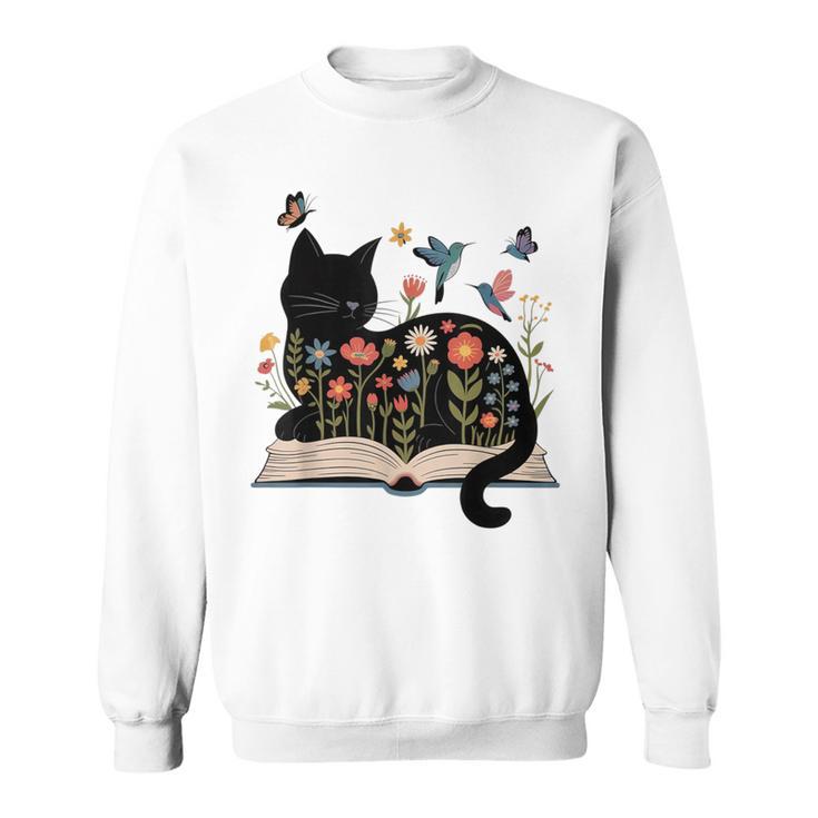 Floral Cat Reading Book Kitten Illustration Sweatshirt