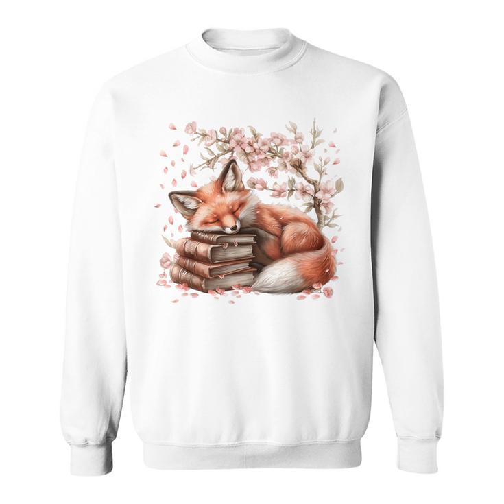 Fox And Book Lover Graphic For Women And Spring Pink Flower Sweatshirt