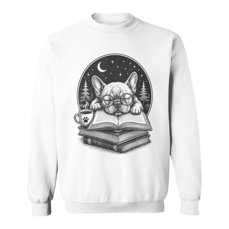 French Bulldog Reading Book Coffee Sky Glasses Sweatshirt